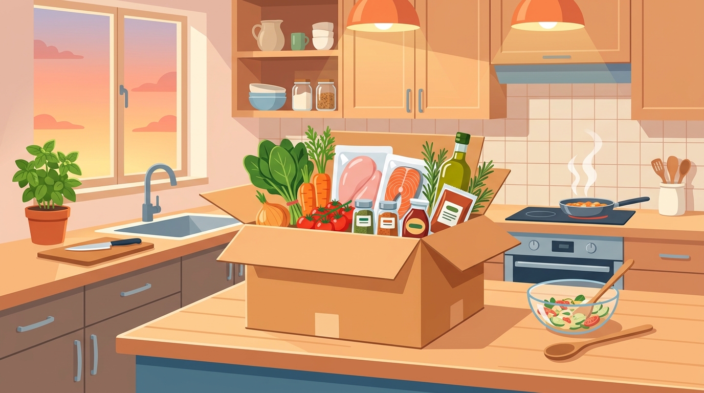 食材宅配ボックスと夕食の準備を描いたイラスト。ヨシケイの選び方の説明用イメージ