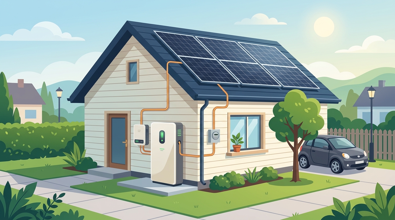 住宅と家庭用蓄電池と太陽光パネルのイラスト。設置費用比較ガイドの説明用イメージ