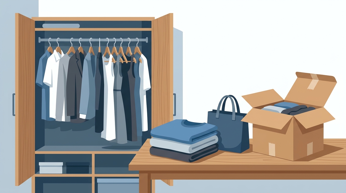 クローゼットの衣服と買取発送用段ボールのイラスト。フクウロ宅配買取の説明用イメージ