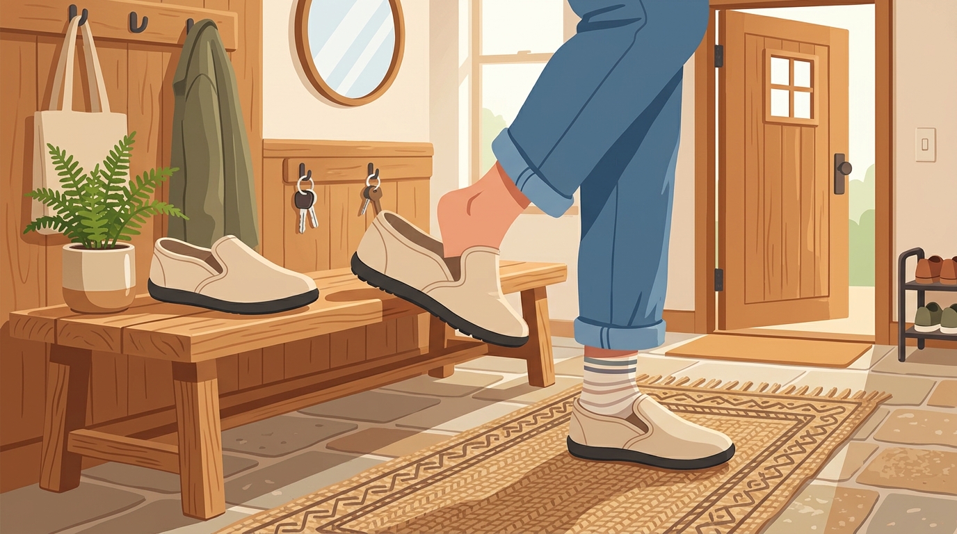 玄関に置いたスリッポン型の靴のイラスト。LAQUNの靴を選ぶ記事用イメージ