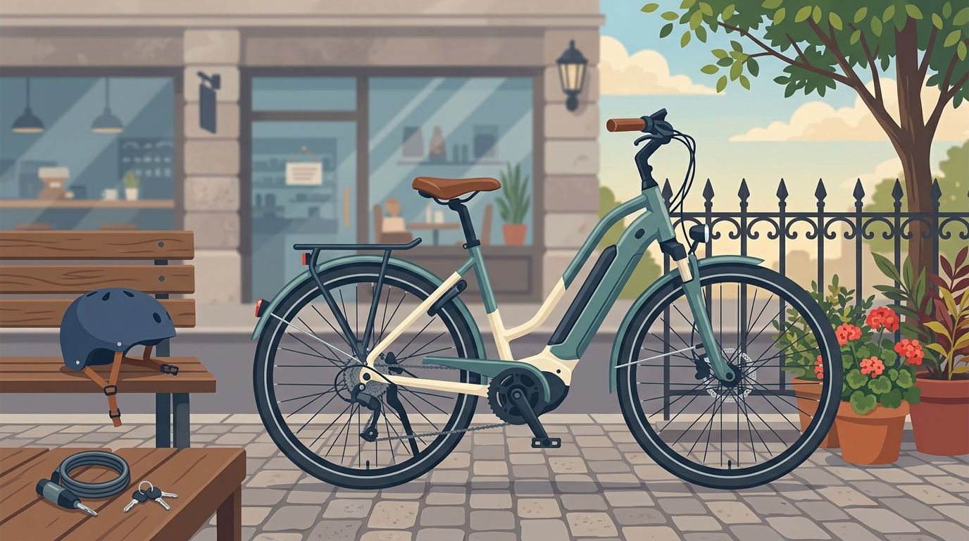 街角に停めた電動アシスト自転車のイラスト。MOVE.eBike購入ガイドの説明用イメージ