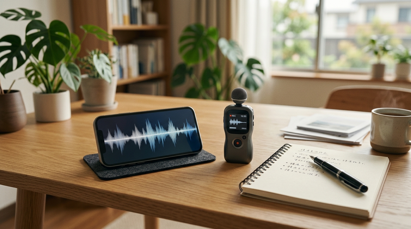 AI音声文字起こしに使用する録音機器とスマートフォンを並べたAI生成イメージ。Notta Memoの実際の製品写真ではありません。