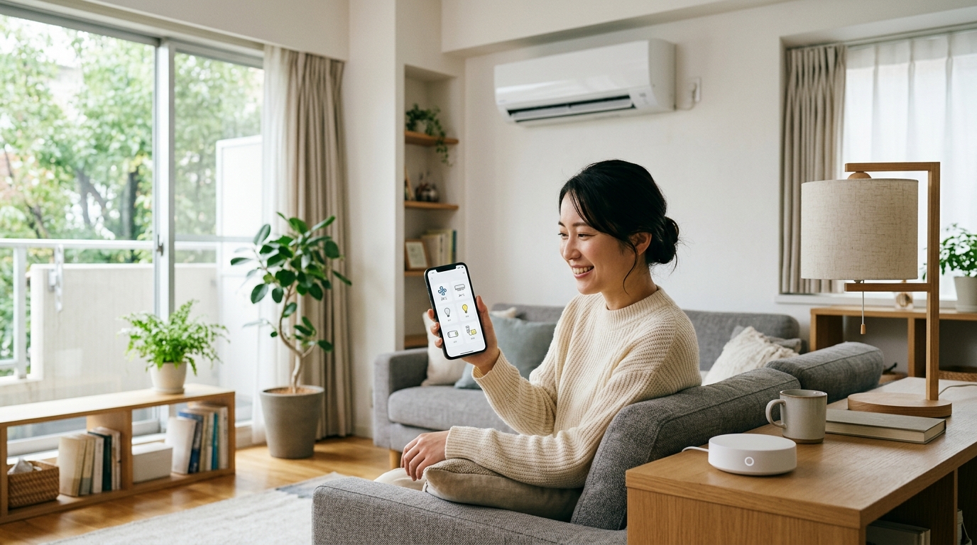 スマートフォンからエアコンなどの家電を操作する様子を描いたAI生成イメージ